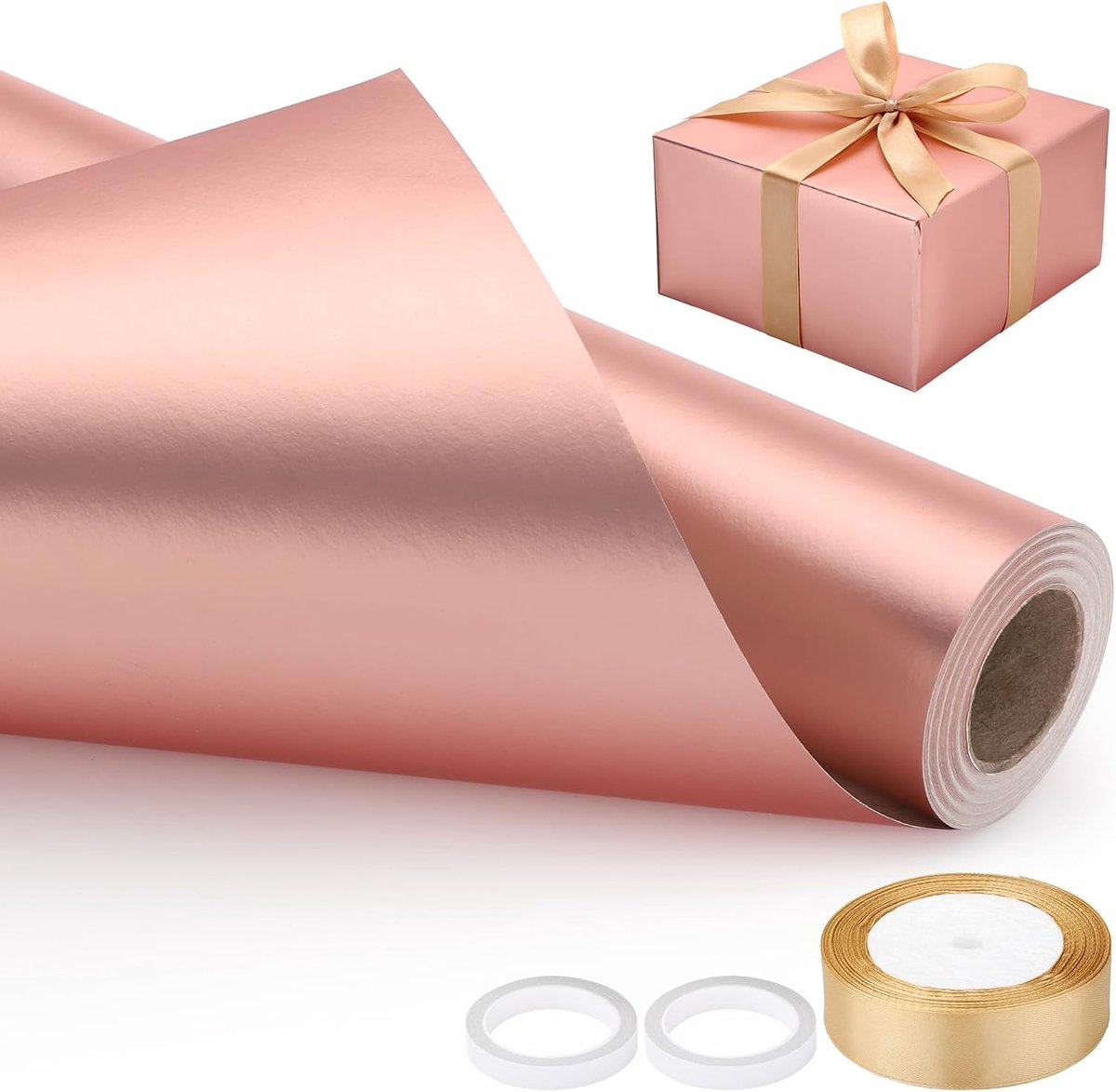 SnelShoppen - Cadeau Inpakpapier Rol - Matte Roze Goud 43cm x 10m - Inclusief Champagne Goud Lint & Dubbelzijdige Plakband - Perfect voor Bruiloften,
