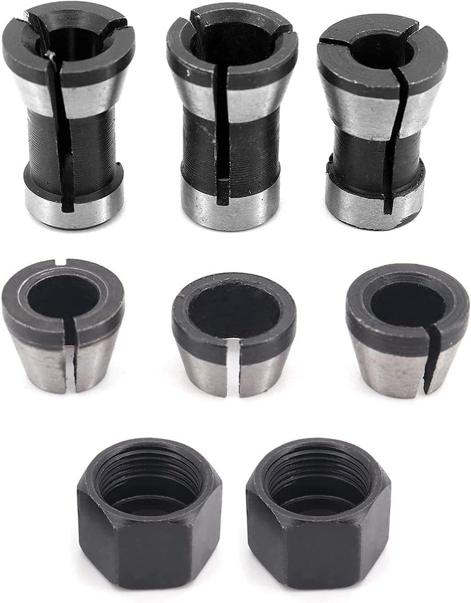 SnelShoppen - Klemadapter Set 8 Stuks Bovenfrees Bit Spantangadapter 6 mm, 6,35 mm, 8 mm + Moeren voor Houtfrees, Graveermachine, Trimmen, Precisie, S