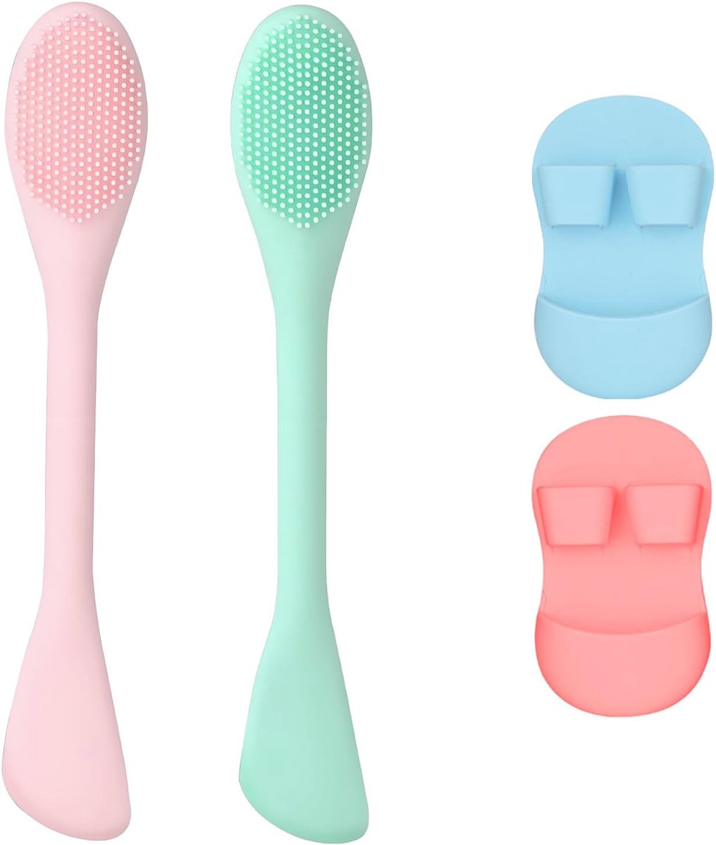 SnelShoppen - 4-delige siliconen gezichtsscrubber set, dubbelzijdig, zacht en huidvriendelijk, reinigingsborstel & maskerapplicator voor dagelijkse ve