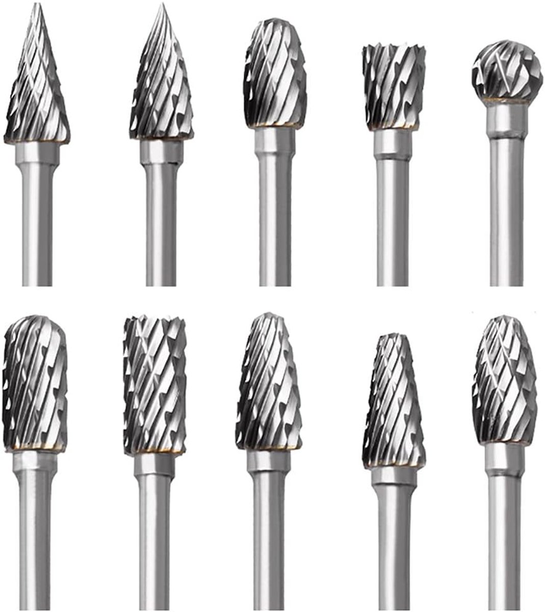 SnelShoppen - Tungsten Carbide Rotary Burrs Set - 10 Stuks Dubbele Frezen met 1/8" Schacht voor Houtbewerking, Graveren, Metaal Polijsten, DIY Project