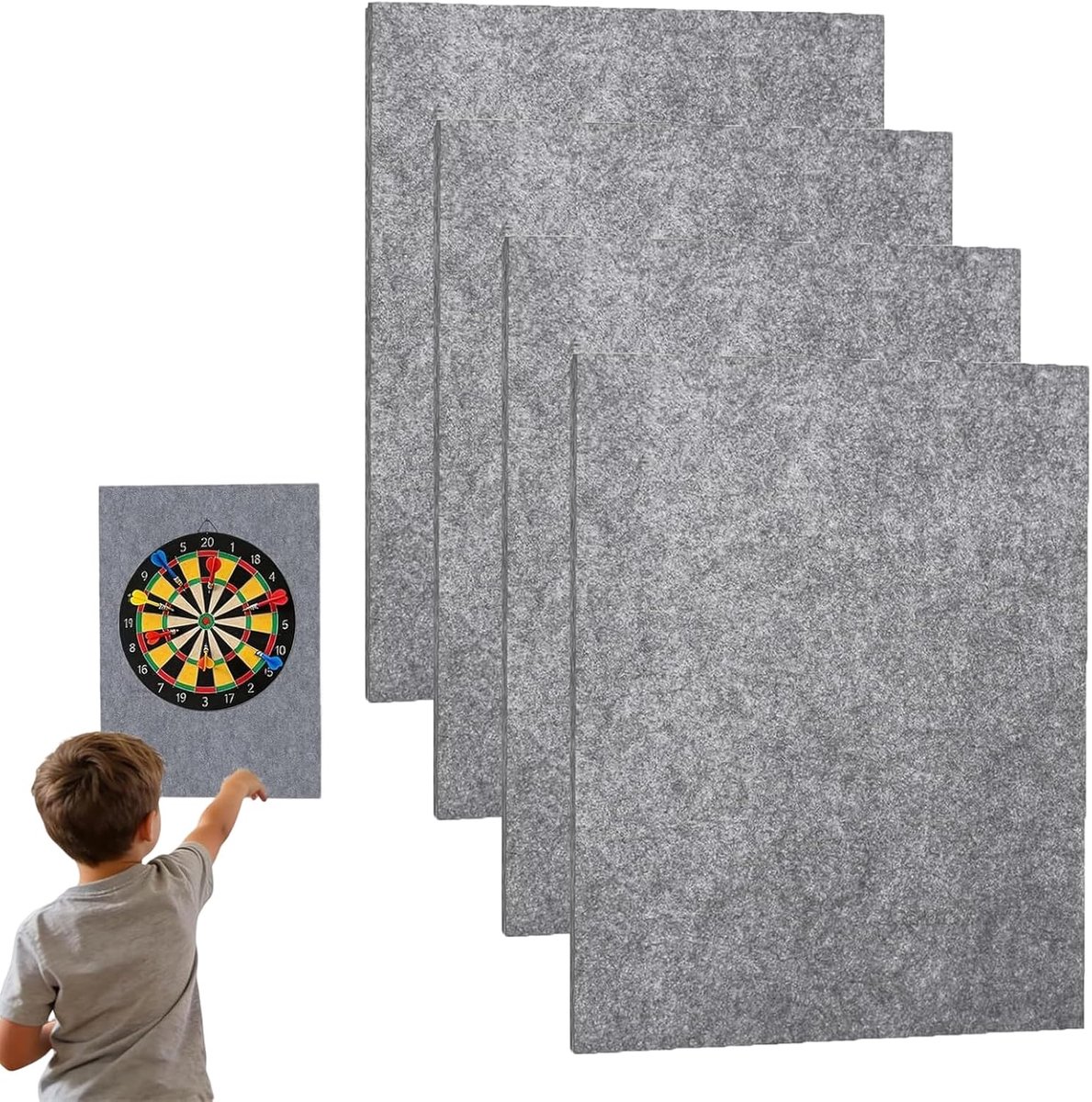 SnelShoppen - Pack van 4 Dartbord Wandbeschermers - Zelfklevende Vilt Wandbeschermers 30 x 21 cm - Grijs - Effectieve Bescherming voor Dartbord en Muu