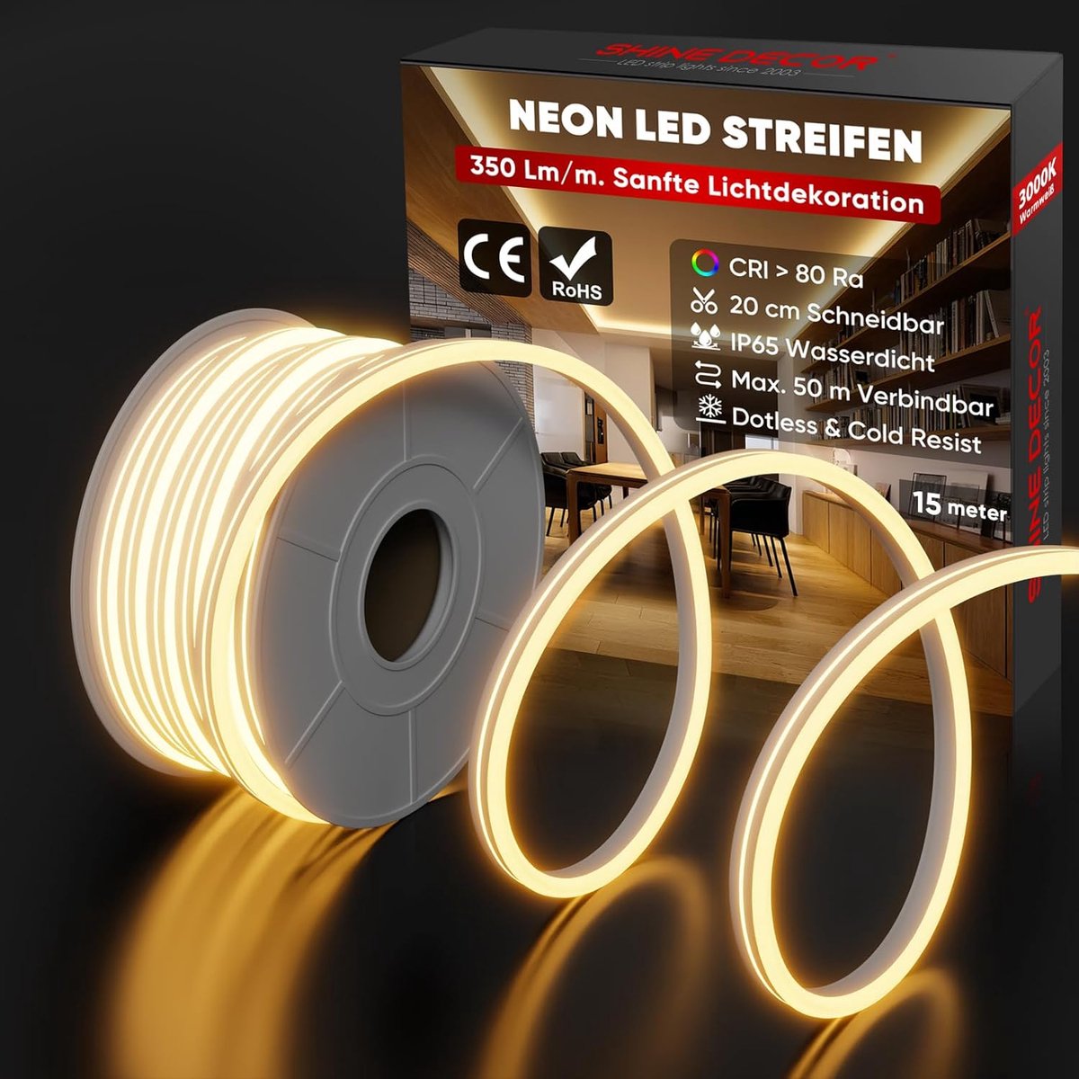 SnelShoppen - 15m Neon LED Strip Warm Wit, IP65 Waterdicht, Flexibele LED Neon Verlichting voor Tuin, Keuken en Feestdecoratie, 120 LEDs/m