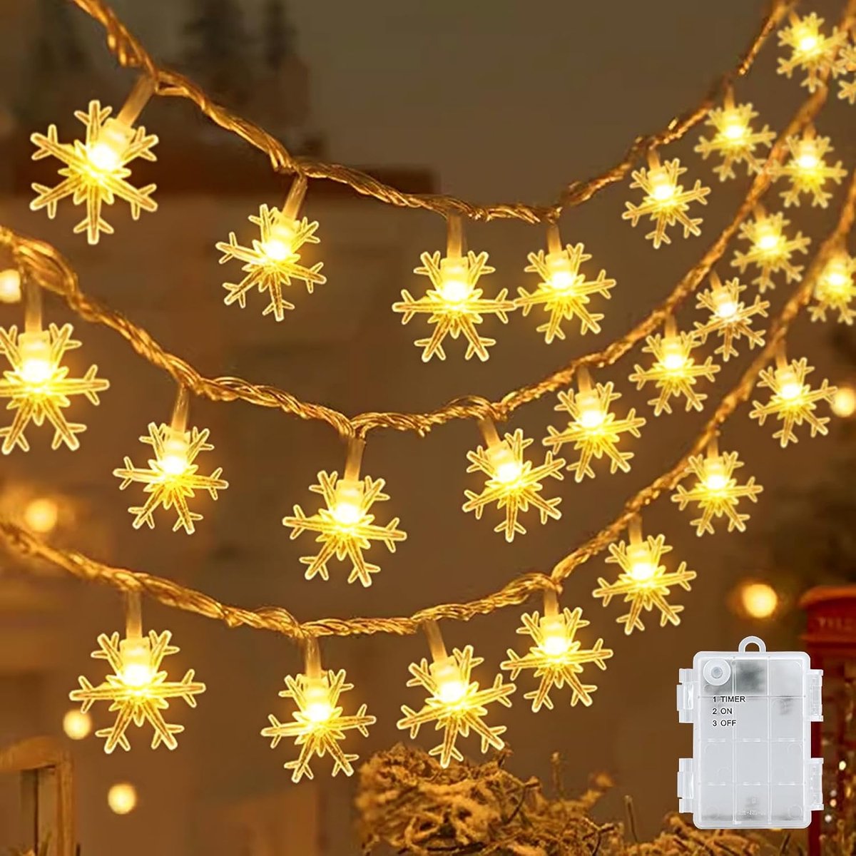SnelShoppen - LED Fairy Lights Snowflake 6m 40 LEDs, Batterij Operated, Timer, IP65 Waterproof, Warm White voor Tuin, Camping, Kerst en Binnen/Buiten