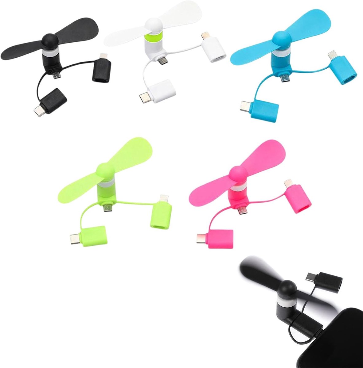 SnelShoppen - 3-in-1 Mini Mobiele Telefoonventilator, Draagbare USB Ventilator voor iPhone, Lichtgewicht en Veilig, Perfect voor Camping, Feesten en T