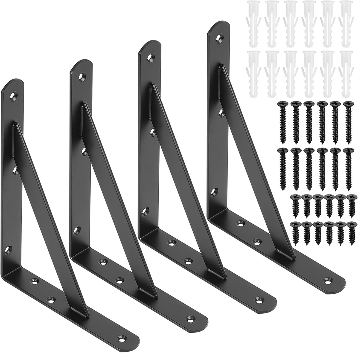 SnelShoppen - Pack van 4 Zwarte Plankdragers, Robuuste Metalen Steunen, 90 Graden Hoek Beugels, Wandmontage, Triangulaire Hoeksteun voor Planken 200x1