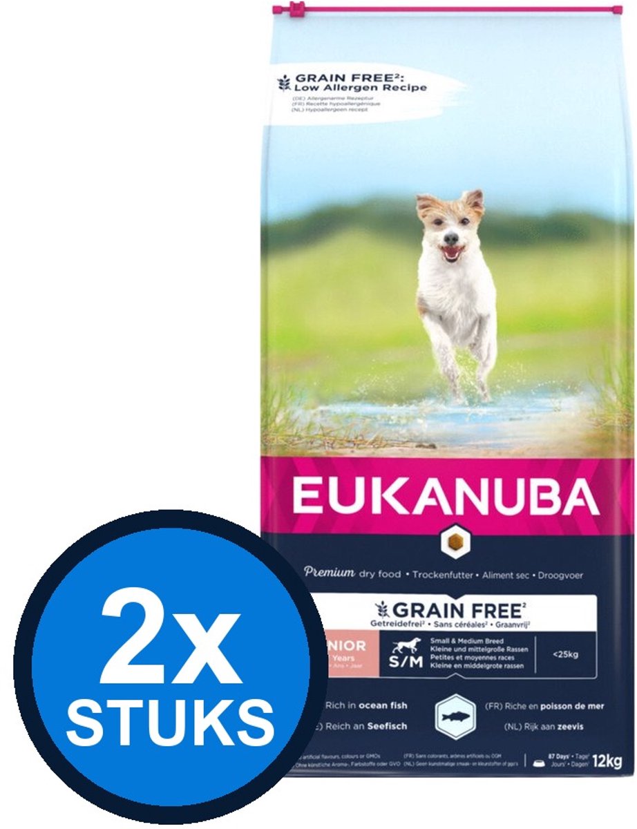 2x Eukanuba - Grain Free dog senior small/medium ocean fish 12kg