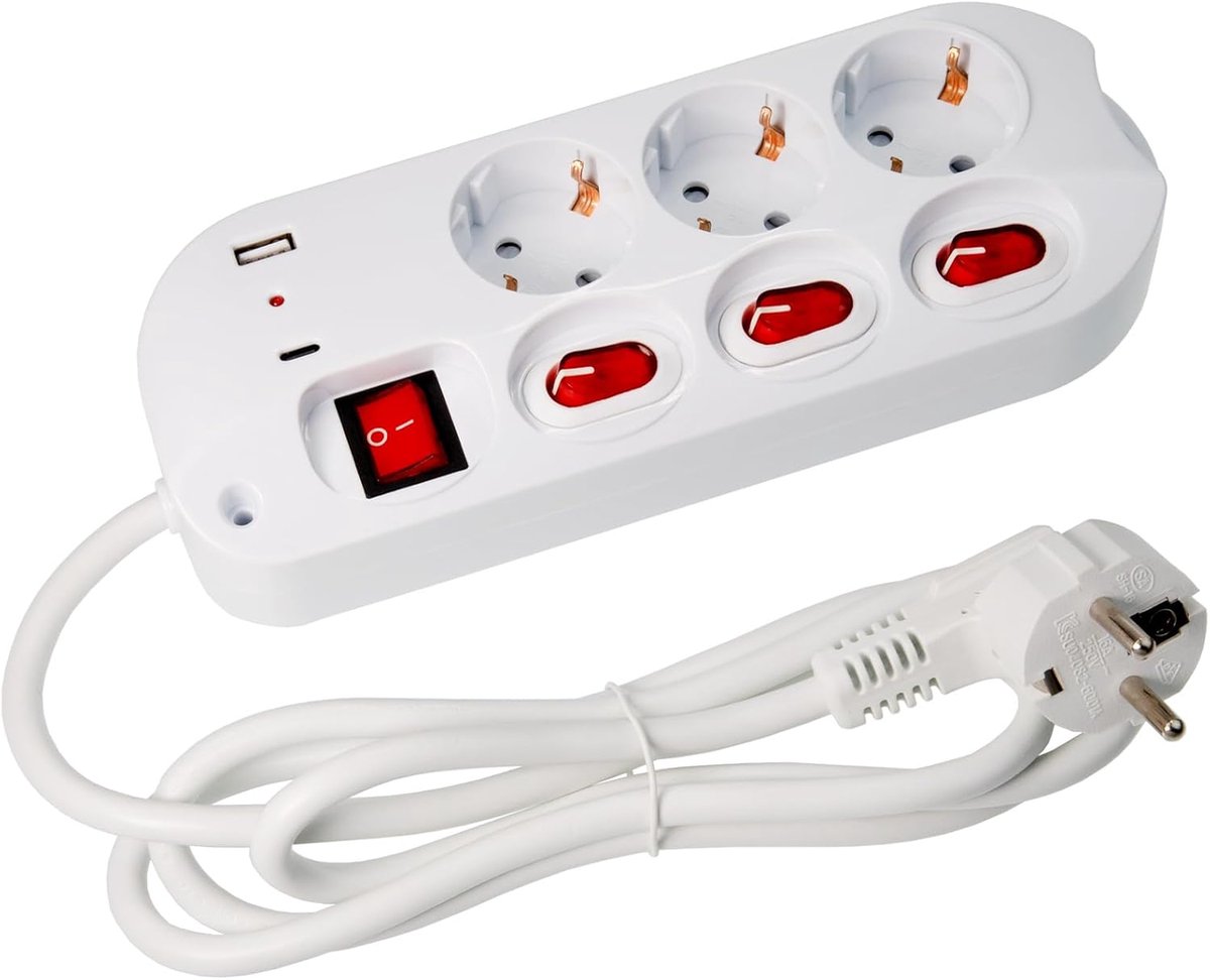 SnelShoppen - Powerstrip met Apart Schakelaar, 3-Weg, 1.5 m, 2 x USB A en C, Compact, Geschikt voor Thuis, Kantoor, Camping, Muur- en Tafelmontage