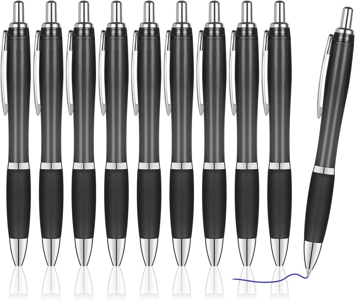 SnelShoppen - 10-Pack Terugtrekbare Balpennen, Zwart Translucente Case, Antislip Grip, 1mm Blauwe Inkt voor Kantoor, Onderwijs en Studenten