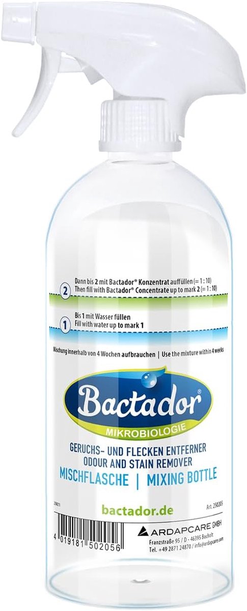 SnelShoppen - Bactador Spray en Mengfles (Leeg) voor Enzymen Reinigers - Geur- en Vlekverwijderaar - Met Handige Mengverhouding Markeringen - Perfect
