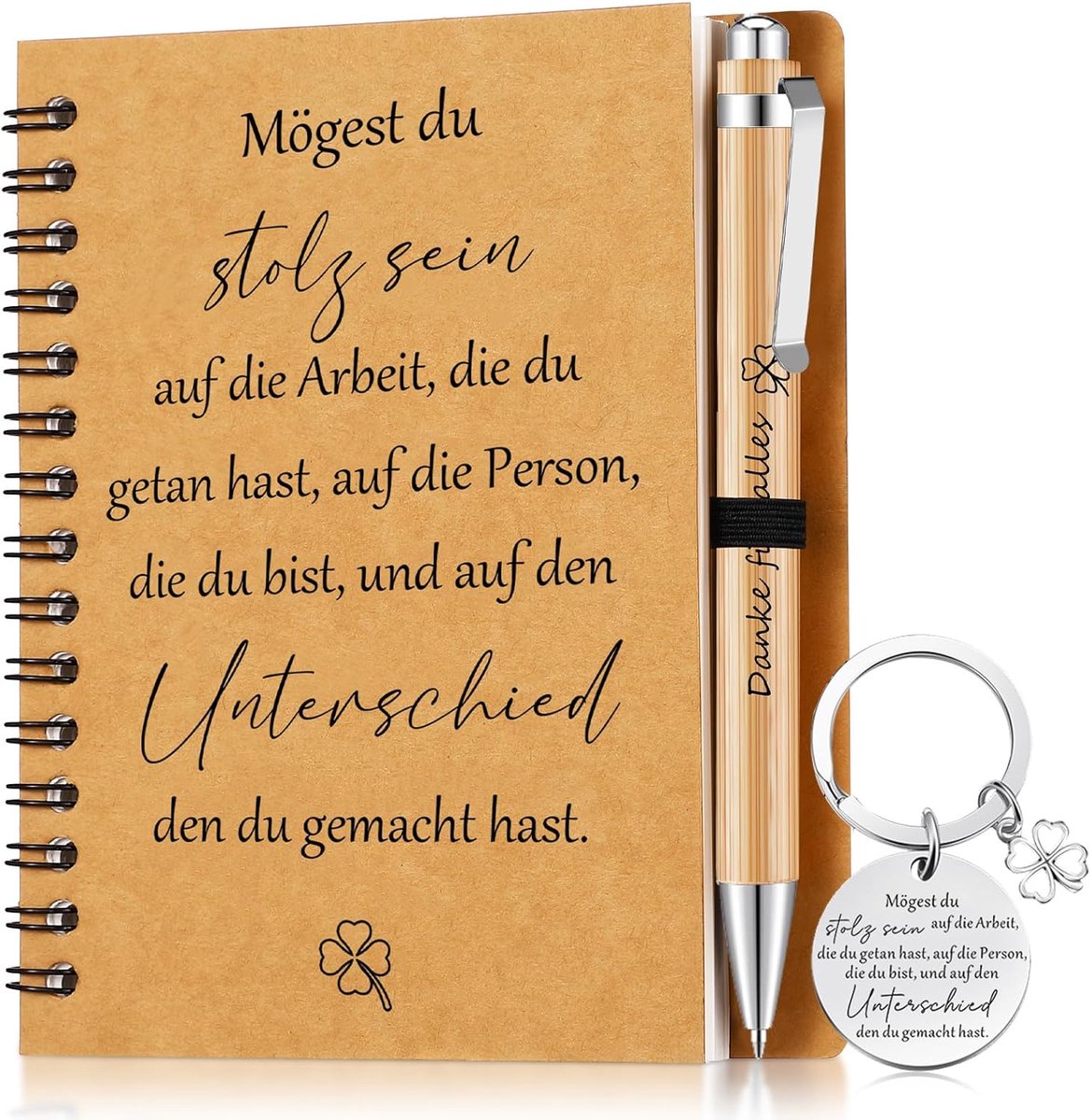 SnelShoppen - Bedank cadeau set voor collega's - A6 spiraal notitieboek, houten balpen en vierbladige klaver sleutelhanger - Inspirerende afscheidscad