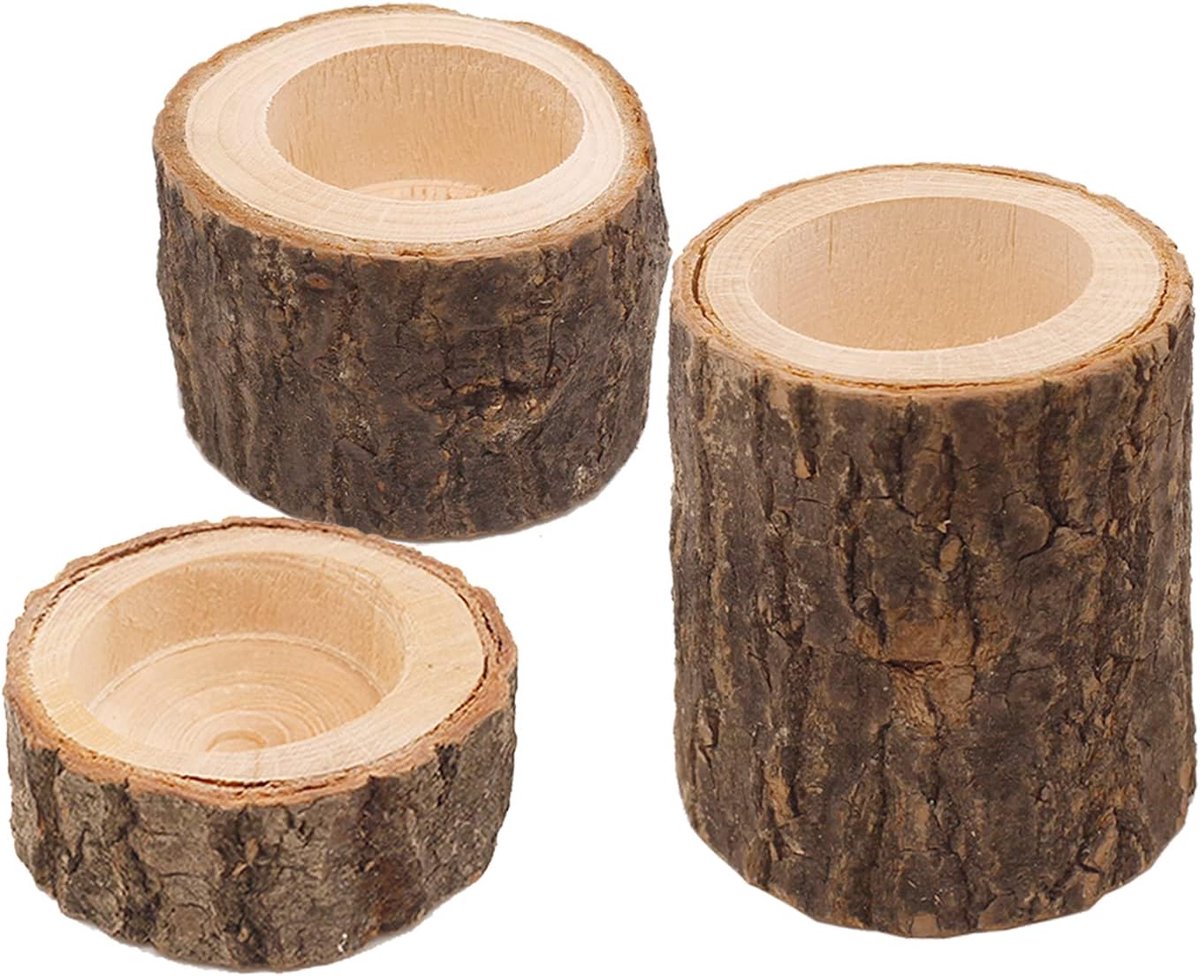 SnelShoppen - Set van 3 Houten Kaarsenhouders, Natuurlijk Dennenhout, Stijlvolle Kandelaar voor Woonkamer, Kantoor, Slaapkamer, Bruiloft Decoratie