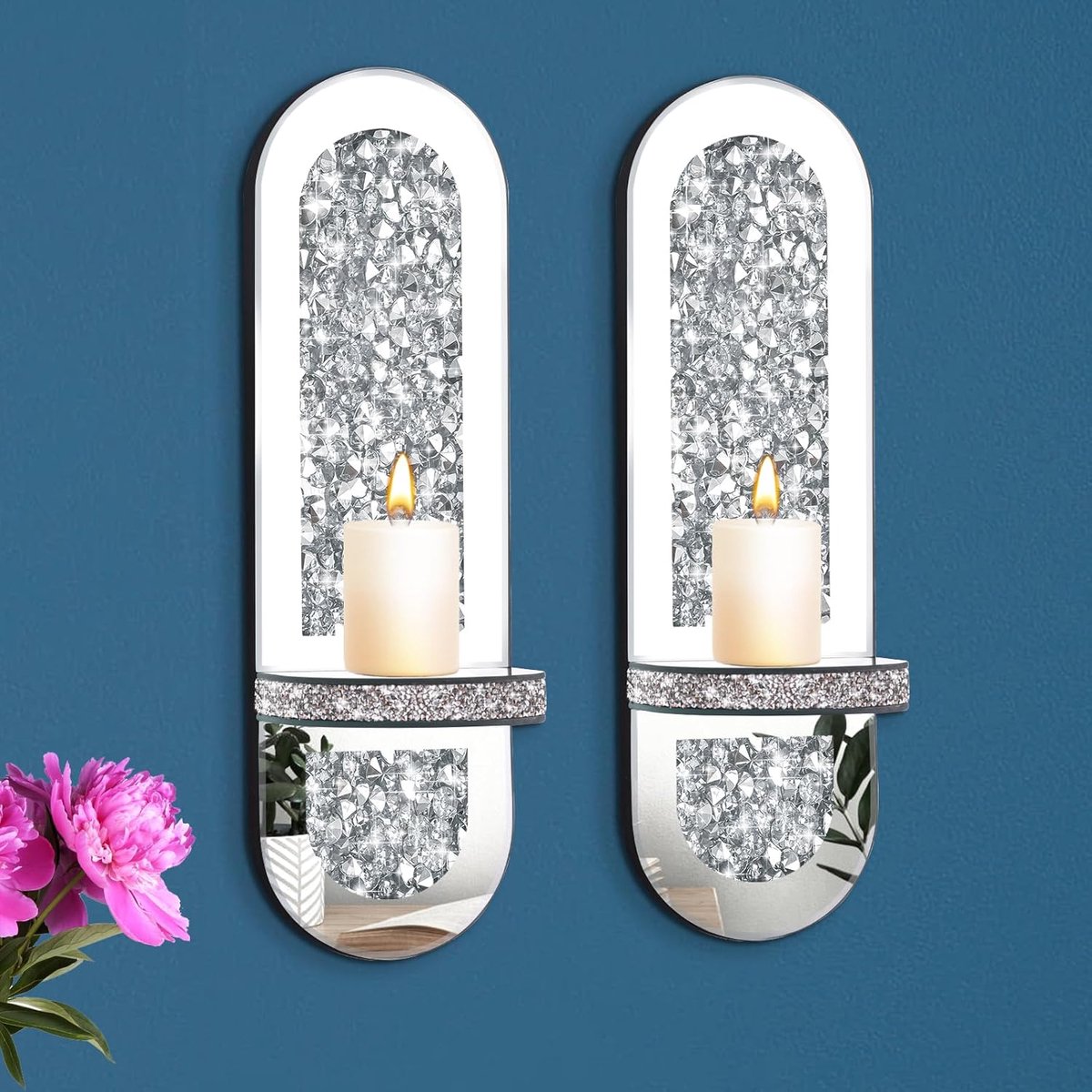 SnelShoppen - Set van 2 Silver Mirrored Kandelaar Met Acryl Kristallen Voor Wanddecoratie - 15.7cm Hoog - Luxe Kaarsenhouders Voor Woonkamer & Eetkame