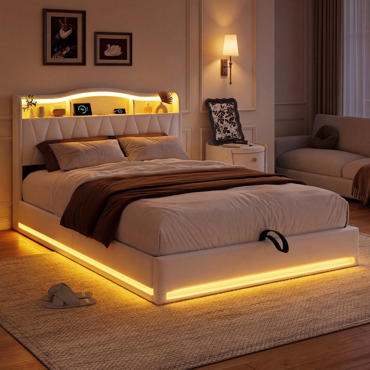 SHOPENTRA – Opbergbed 160x200 cm – Grijs Linnen – 4 Lades – LED & USB