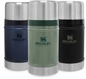 Trois pots alimentaires classiques Stanley bleus, verts et noirs, avec couvercles argentés.