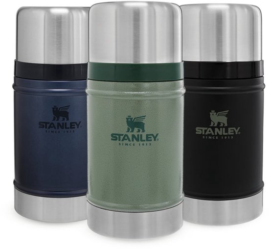 Trois pots alimentaires classiques Stanley bleus, verts et noirs, avec couvercles argentés.