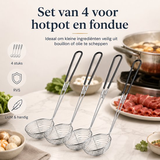 Fondue Netjes - Hotpot Zeefjes - Chinese Fondue - Fondue mandjes - Fondue zeef - RVS - 27.5CM - 4 Stuks - Zwart — afbeelding 3