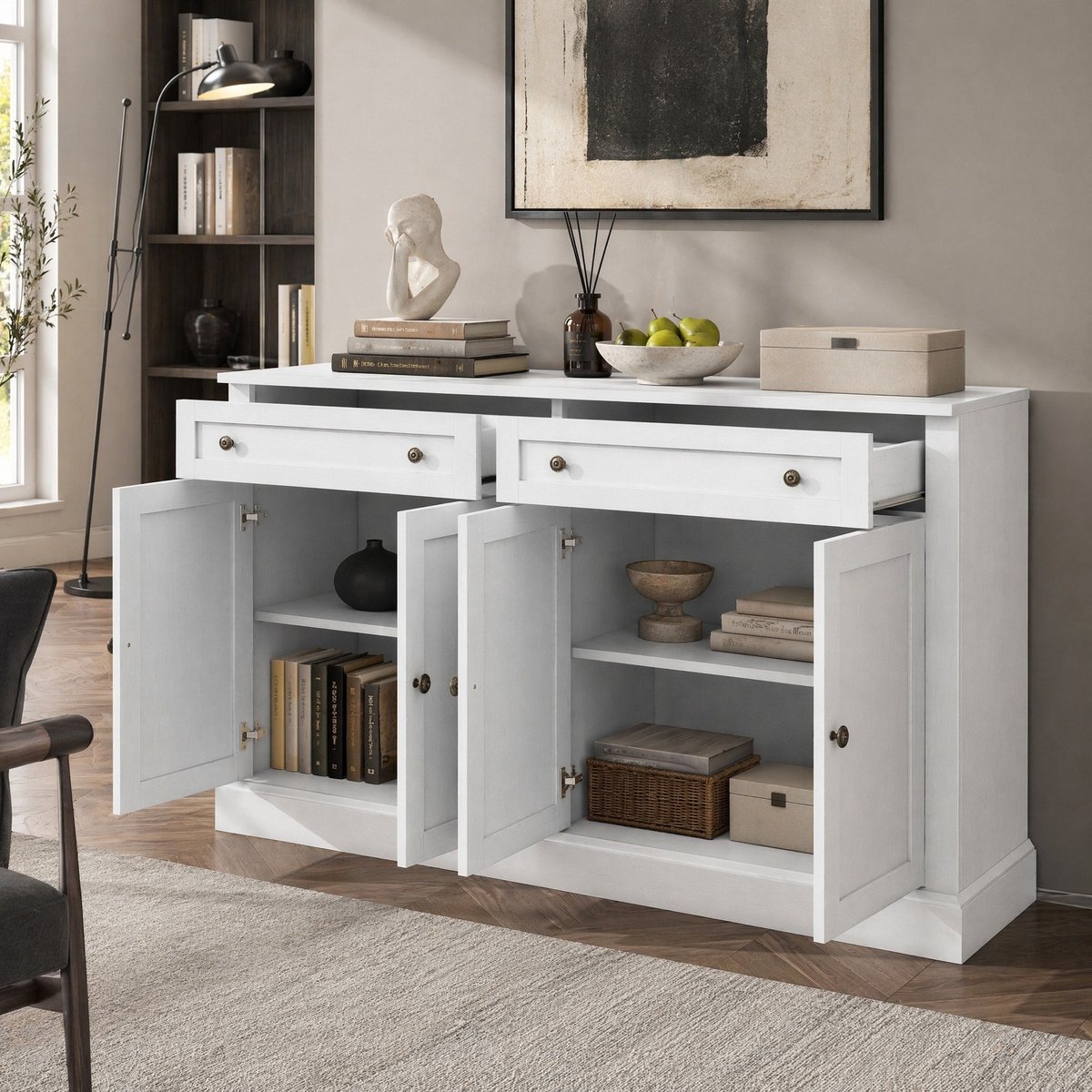COVREO Dressoir 150 x 40 x 86 cm antiekwit met 4 deuren, 2 lades en verstelbare planken