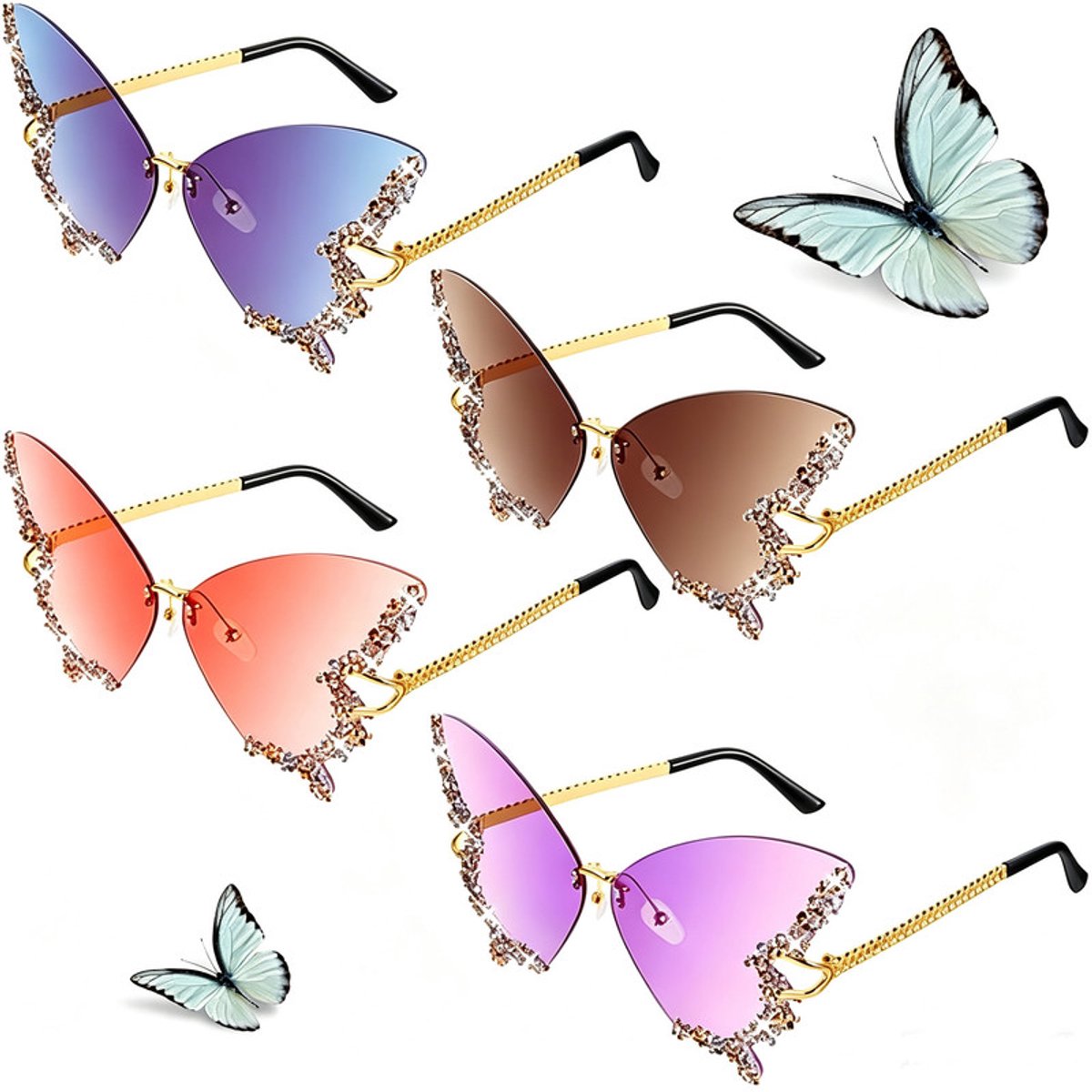 4 stuks - Zonnebril - Zonnebril dames - Frameloze - Diamanten vlinderzonnebril - Decoratieve spiegels - Zonnebril met kleurverloop - Festival Bril - Geschikt voor vrouwen om dagelijks te dragen, voor het maken van foto's en op vakantie