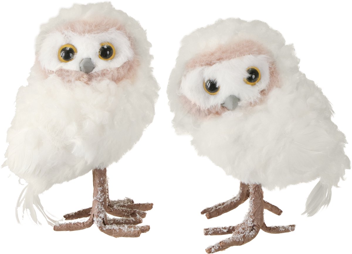 Winterdecoratie decoratieve uilenfiguren om staand wit 15cm 2 stuks