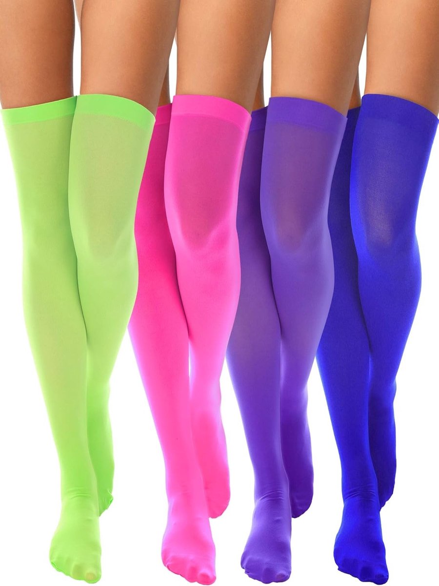 Dames Sokken van Zijde en Nylon voor Cosplay Kostuums - 4 Paar in Roze, Groen, Paars en Blauw, One Size, Perfect voor Feestjes en Evenementen
