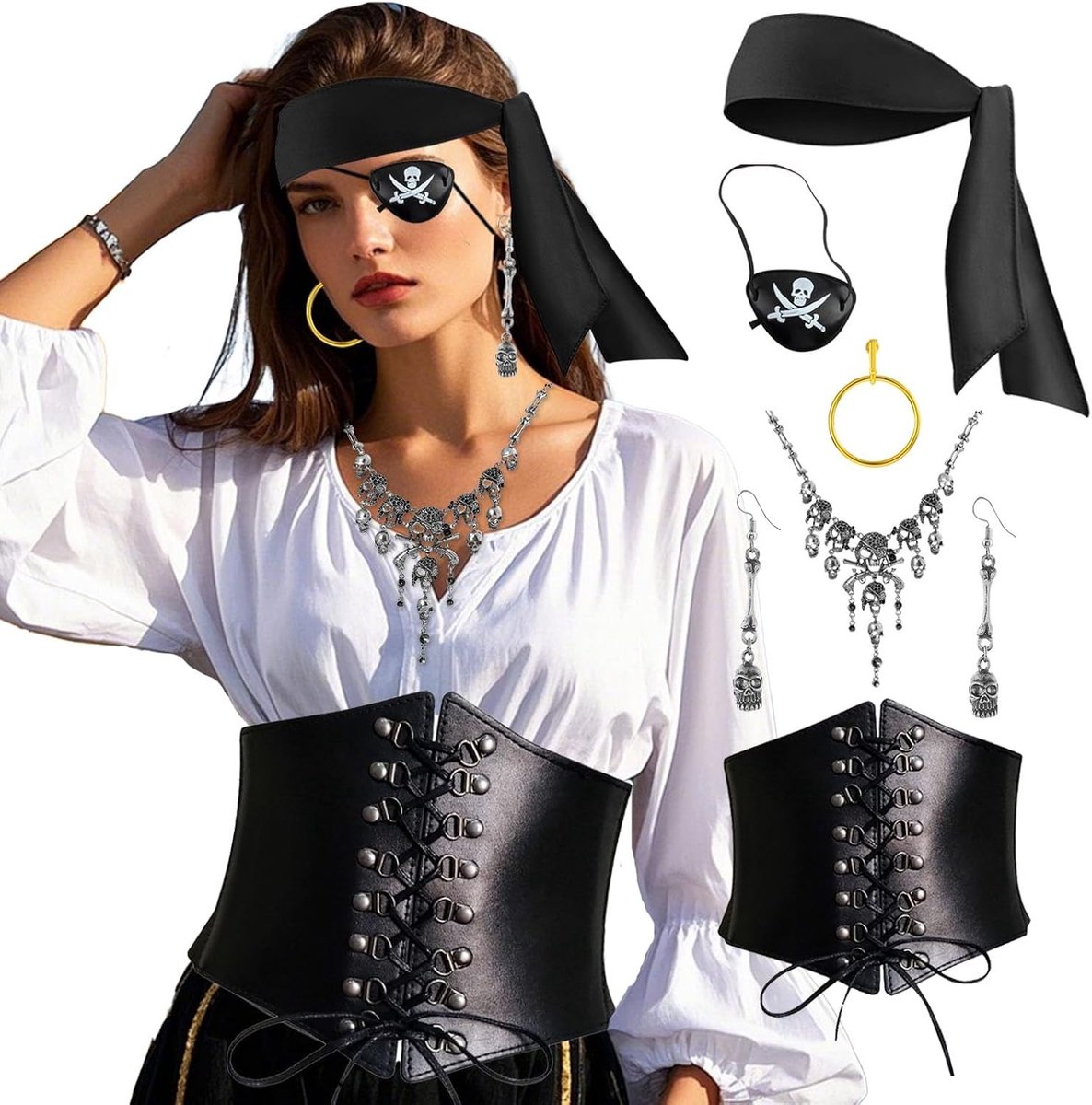 Piratenkostuum Accessoires voor Vrouwen - Hoed, Ooglapjes, Sieraden en Decoratie voor Carnaval en Feestjes - Perfect voor Piraten Themafeest