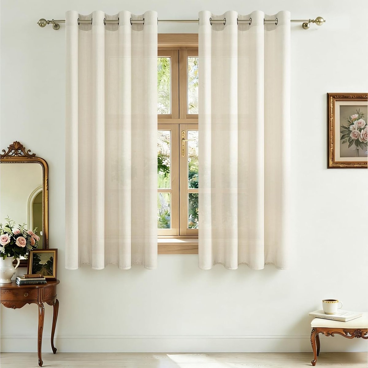 SnelShoppen - Voile Gordijnen Korte Semi-Transparante Beige Met Oogjes - 2 Stuks 140x - Natuurlijke Linnen Look Voor Keuken, Woonkamer, Slaapkamer, Ee