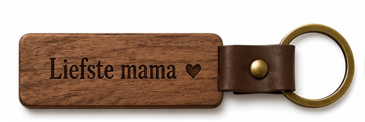 Houten Sleutelhanger "Liefste Mama" - Met Gravure - Hout & PU Leer - 10 cm - Cadeau voor Moeder / Moederdag / Verjaardag Vrouw