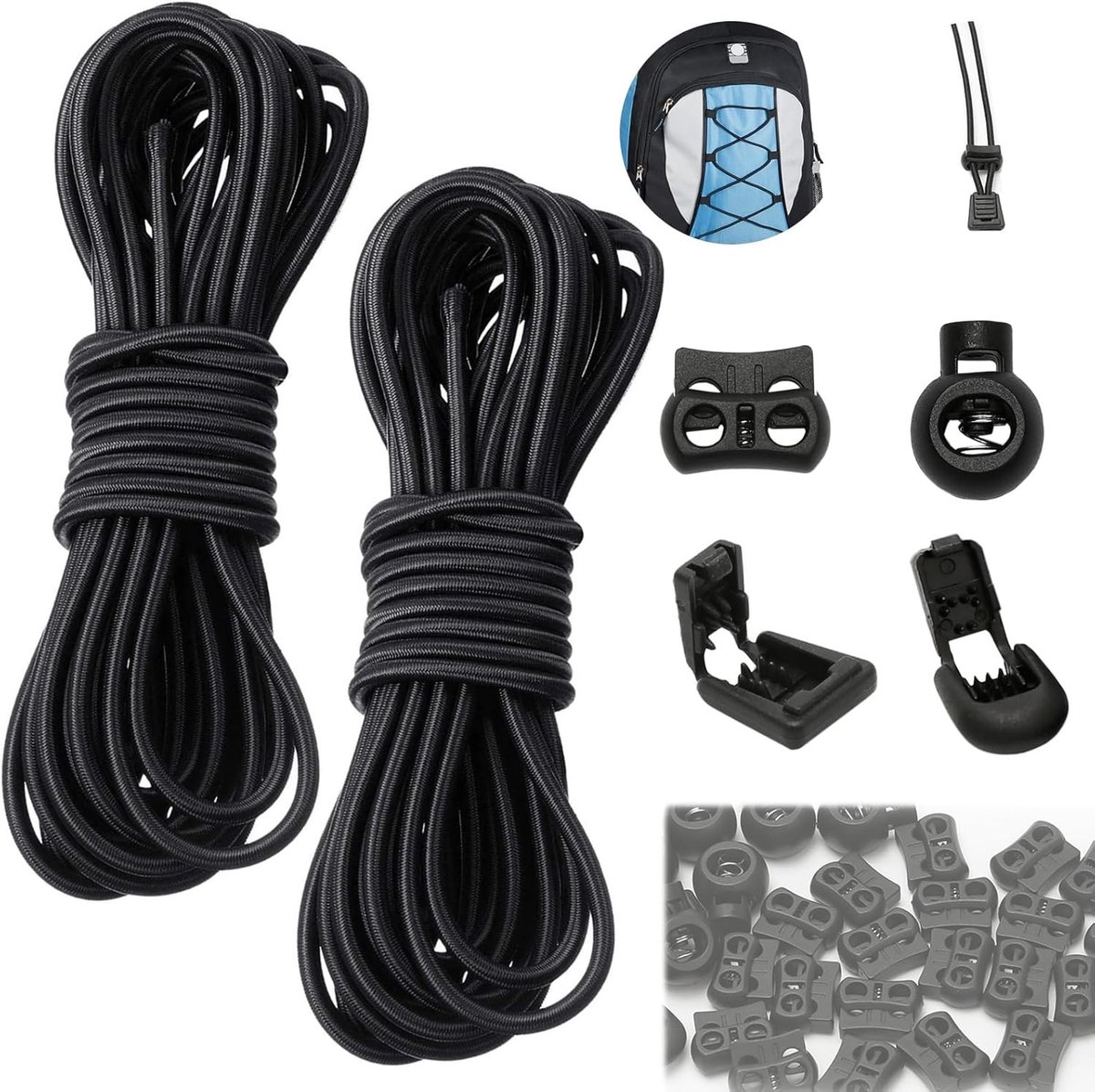 Set van 2 Stuks 10 m Zwarte Elastische Touw 3 mm met 40 Ritssluiting Clips en 40 Koord Stoppen voor Backpacking en Kledingorganisatie