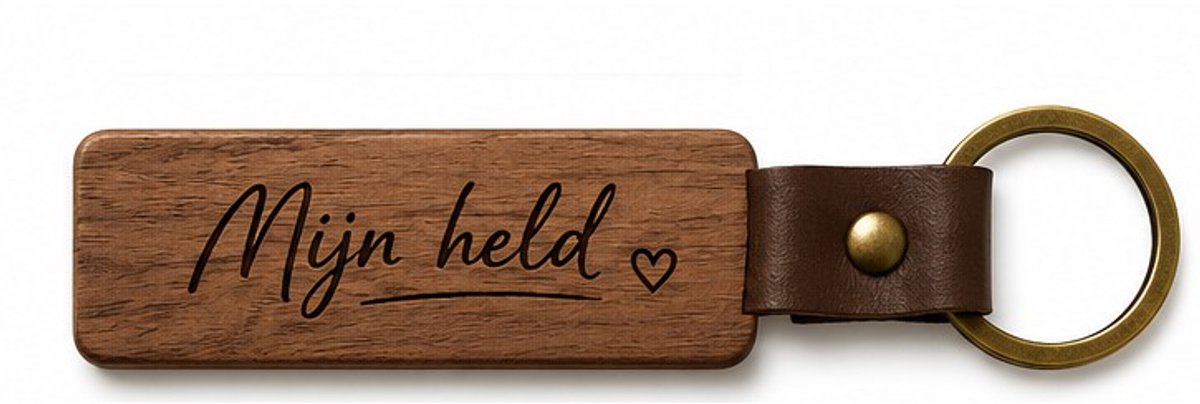 Houten Sleutelhanger "Mijn held" - Met Gravure - Hout & PU Leer - 10 cm - Cadeau voor Man / Vader / Partner - Bedankje