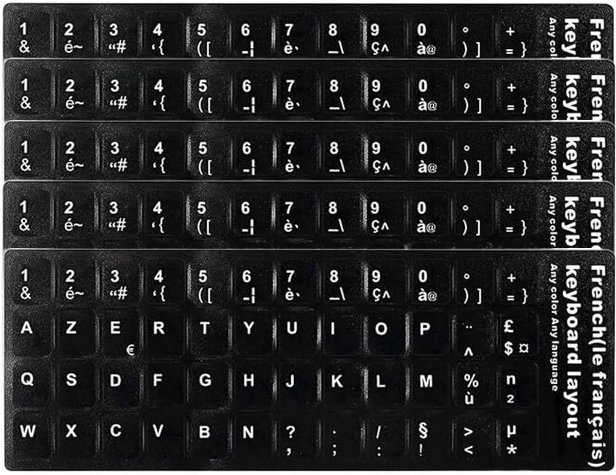 SnelShoppen - Set van 5 Ultra-Dunne Franse Toetsenbord Stickers, Hoog Transparant, Stofdicht, Witte Letters, Geschikt voor Alle Standaard of Laptop Co