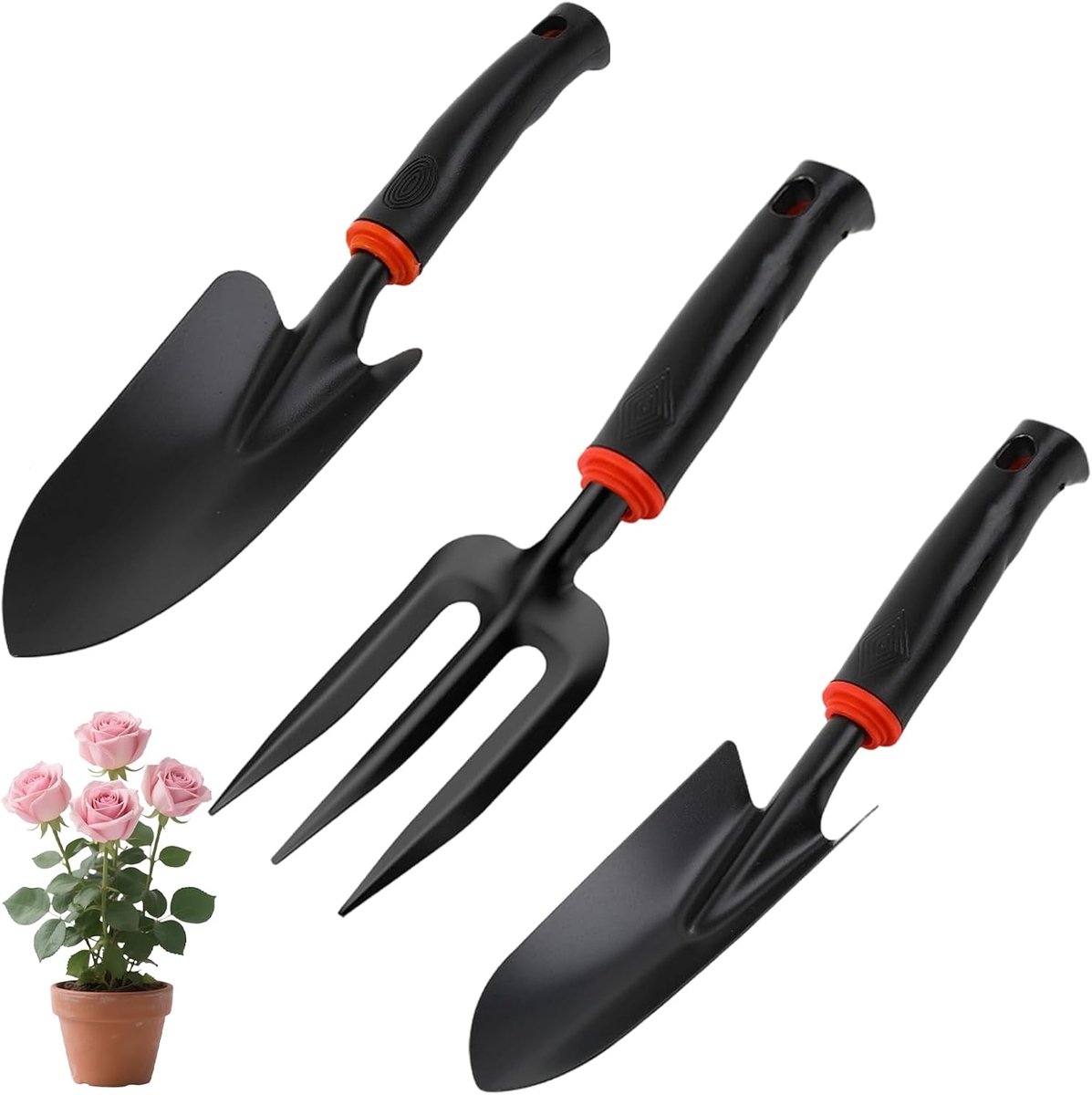 SnelShoppen - Tuingereedschapsset 3-delig - Brede Schep 32x8,5 cm, Transplantator 34x6 cm, Hark 28x8 cm - Koolstofstaal met Tefloncoating - Ergonomisc