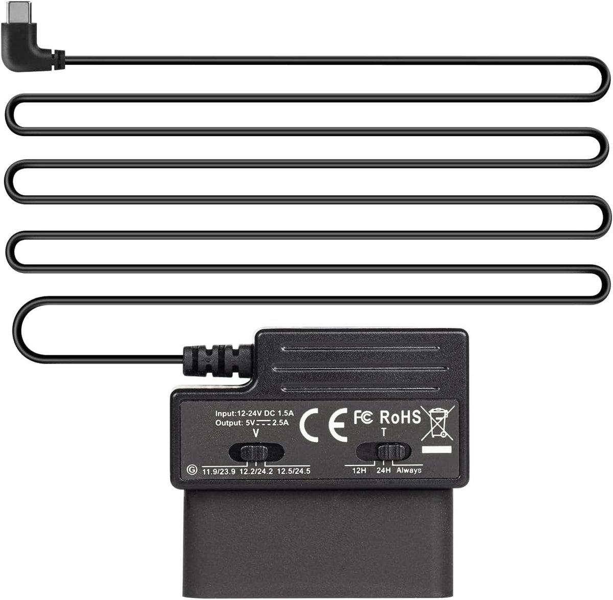 SnelShoppen - OBD Power Cable voor Dash Cam, Type-C Adapter Hardwire Kit, 24/7 Parkeer Modus, 3-Niveaus Laag Voltage Bescherming, Acc Detectie, Plug &