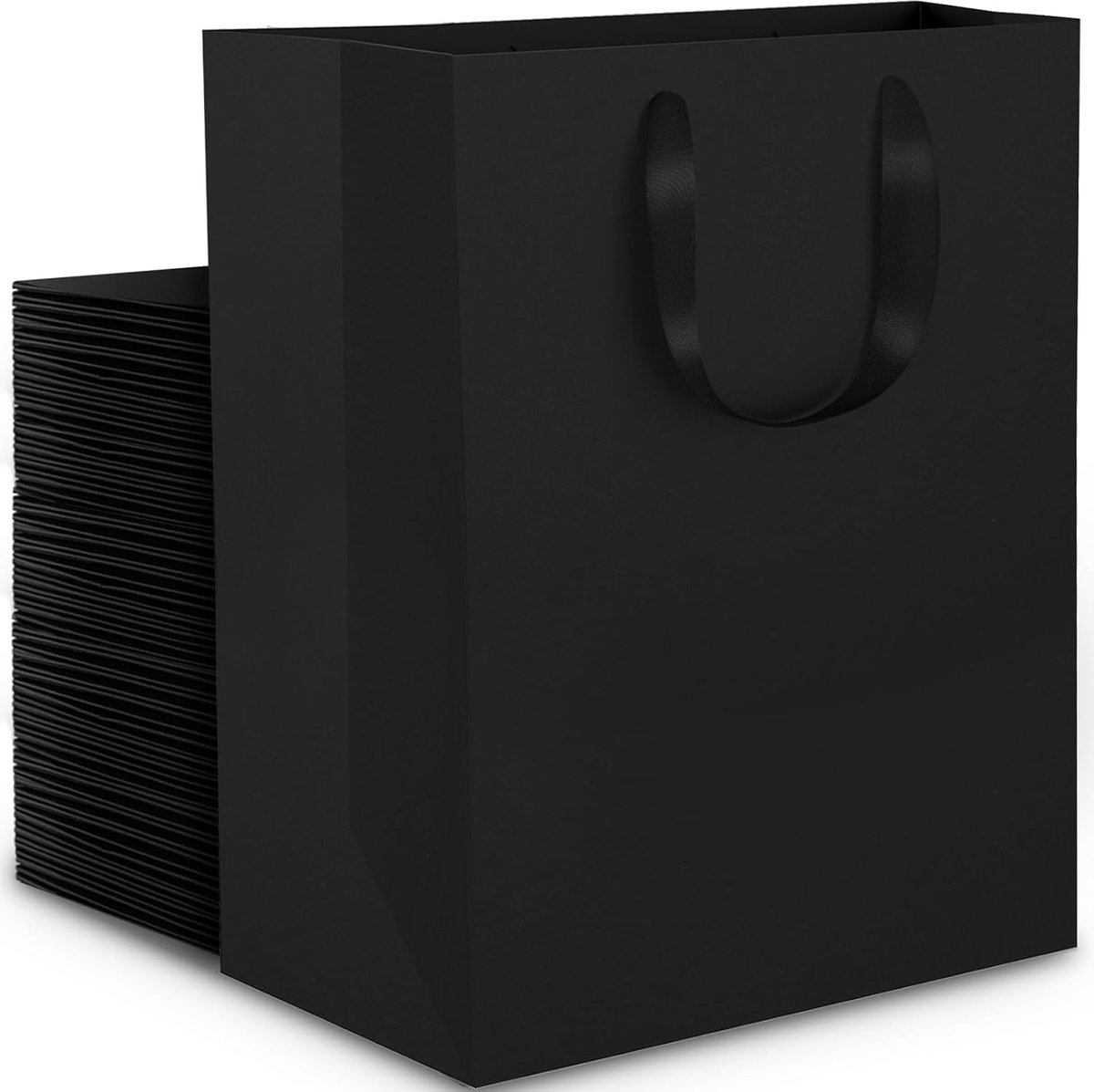 SnelShoppen - 50 Stuks Zwarte Papieren Cadeauzakken M 20x10x28cm - Stevige Kraftpapier Tas met Handvat - 250gsm - Perfect voor Verjaardagen, Feesten e