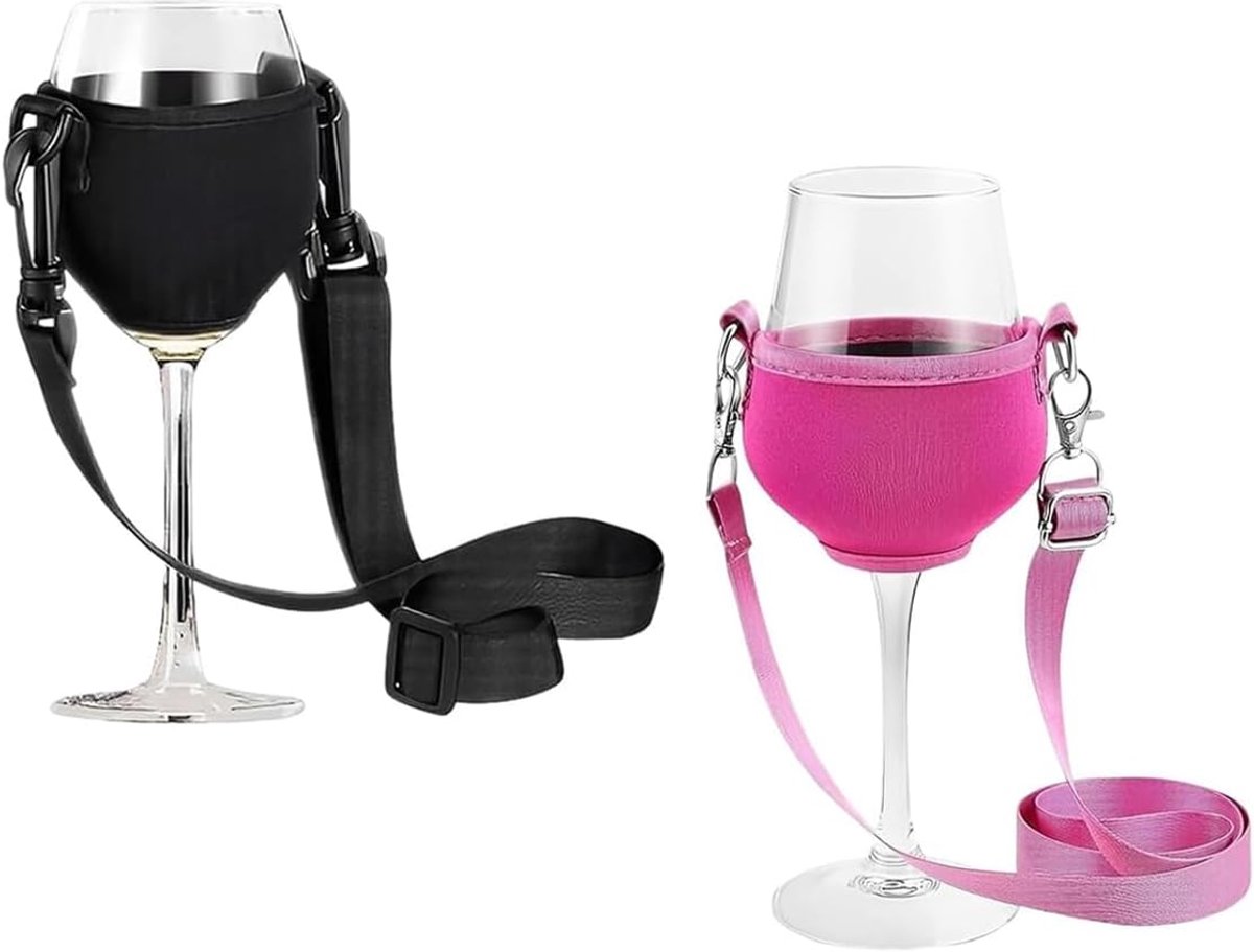 SnelShoppen - Riven Wijnglashouders, Draagbare Halshouders voor Wijn, Bekerhouders voor Feesten, Bruiloften, Verjaardagen, Picknicks - Zwart en Rozenr