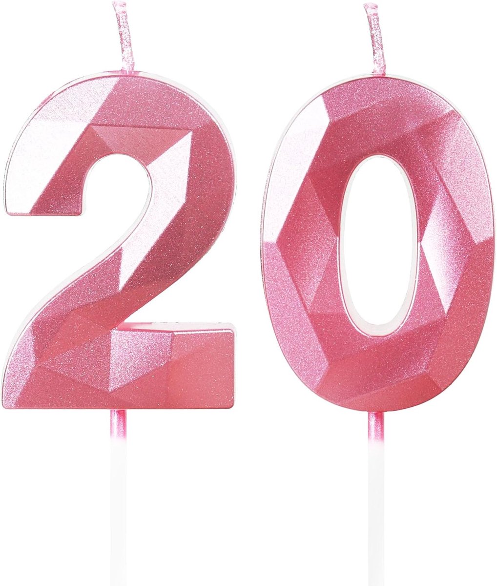 SnelShoppen - Yiran Roze Verjaardagskaarsen voor 20 Jaar, 3D Kaarsen Nummer 20, Roze Cake Decoraties voor Verjaardag en Bruiloft, Veilig Materiaal, 2