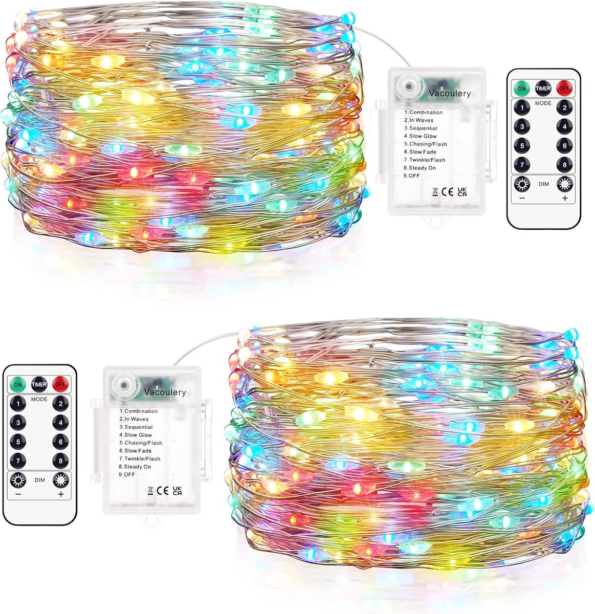 SnelShoppen - Pack van 2 LED Sfeerlampen - 12 m 120 LED - Batterij Aangedreven - 8 Verlichtingsstanden - Met Timer en Afstandsbediening - Voor Binnen