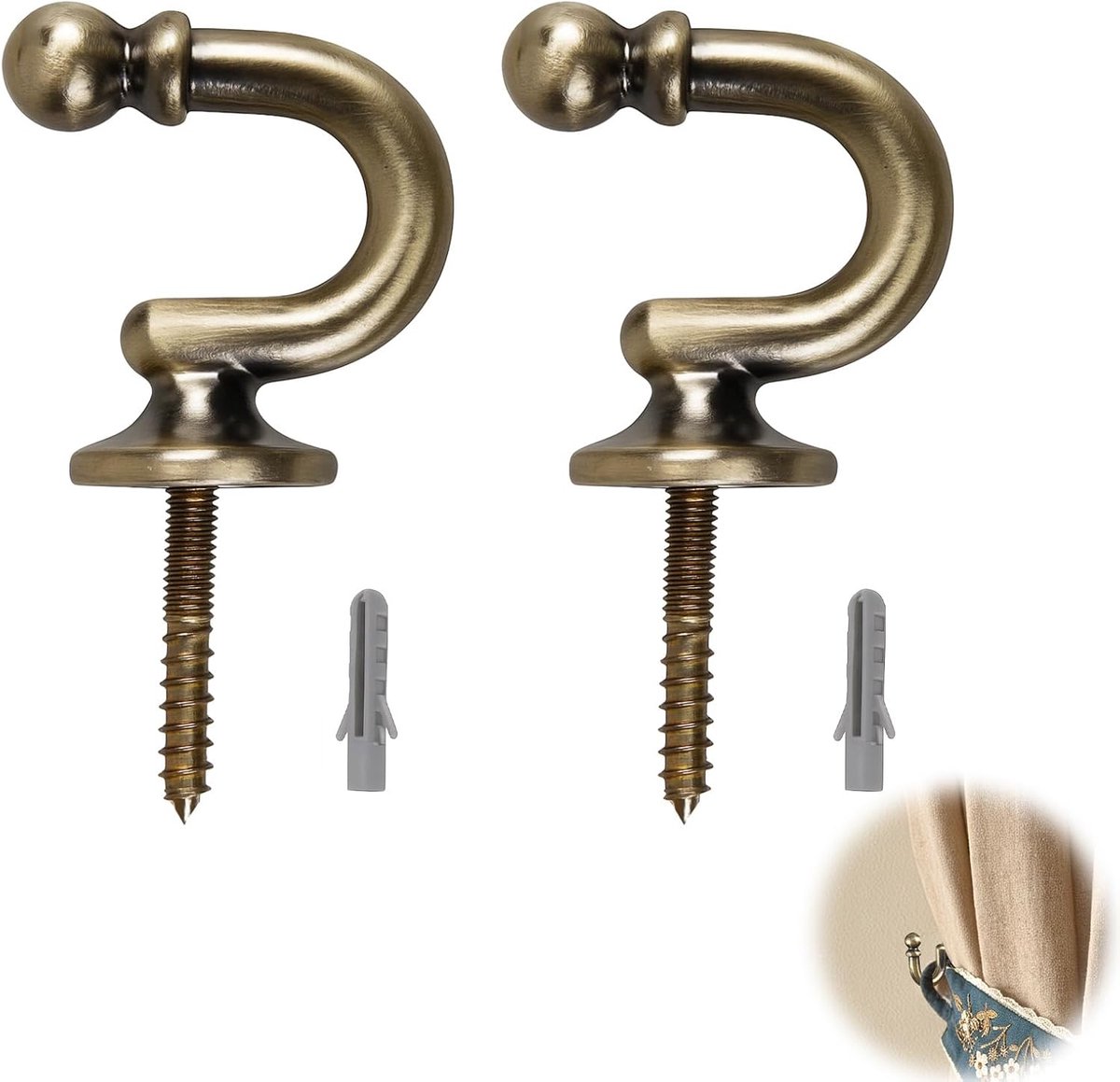 SnelShoppen - 2 Stuks U-vormige Metaal Gordijnhouders, Vintage Wandhaken voor Kleding, Hoeden, Handdoeken, Bronzen Wandhouder, Robuust en Duurzaam