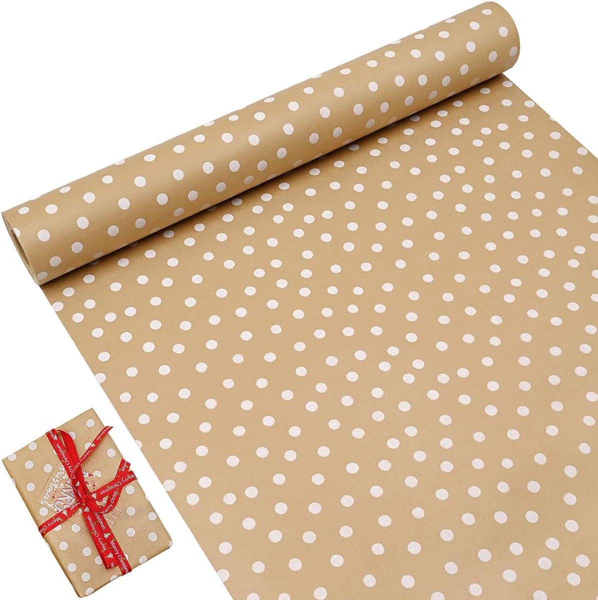 SnelShoppen - Kerst Cadeau Inpakpapier Rol 43cm x 15M Kraft Papier Met Witte Dots, Recyclebaar Geschenkpapier Voor Feestdagen