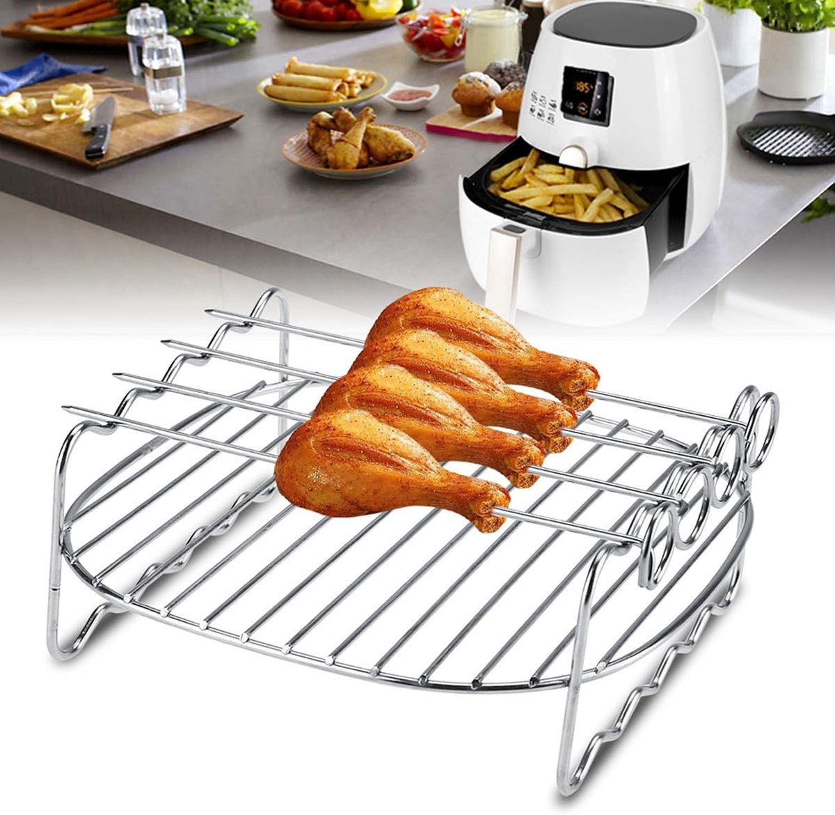 SnelShoppen - Hot Air Fryer Grill Grate Accessoires - RVS Dubbele Laag Skewer Rack - Stapelbare Air Fryer Spiezen - Keuken, BBQ, Feest, Camping