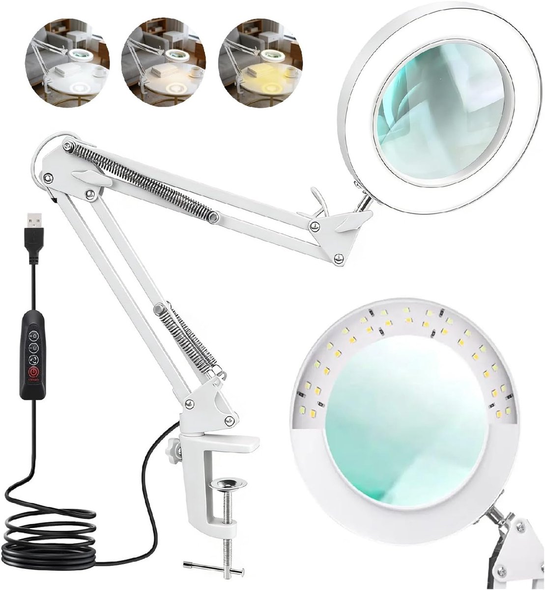SnelShoppen - Led Vergrootlamp Bureaulamp Met 10X Vergroting, Dimbare Verlichting, 3 Kleurstanden, Tafelklem, Verstelbare Arm Voor Hobby, Lezen, Elekt