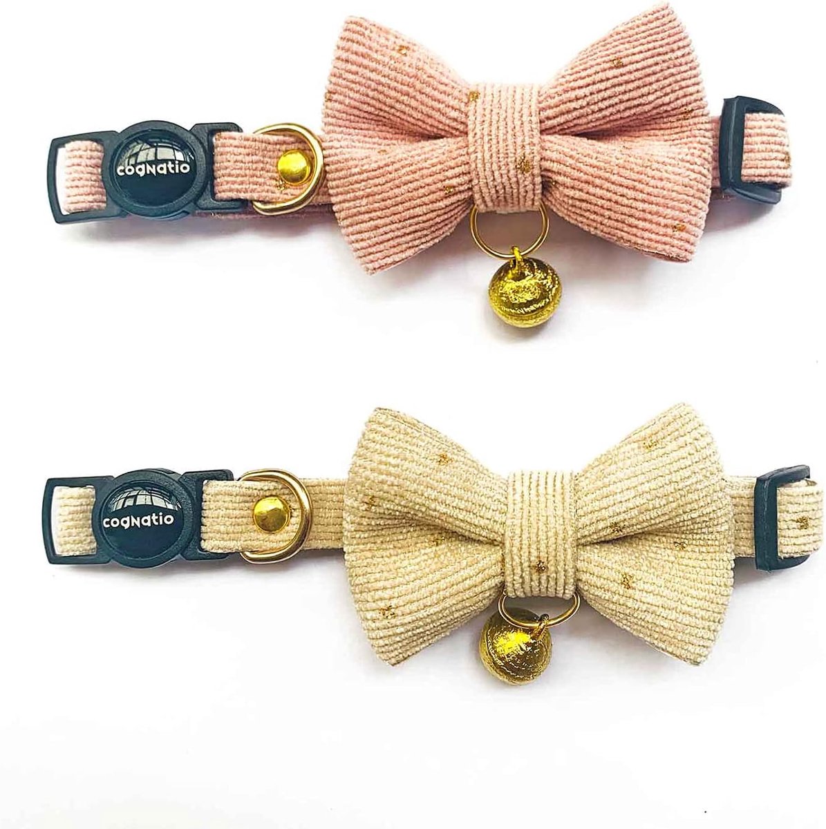 SnelShoppen - Safety Quick Release Kattenhalsbanden - Zachte Katoenen Halsband met Afneembare Strik en Bel - 20-30cm Verstelbaar - Roze + Crème voor K