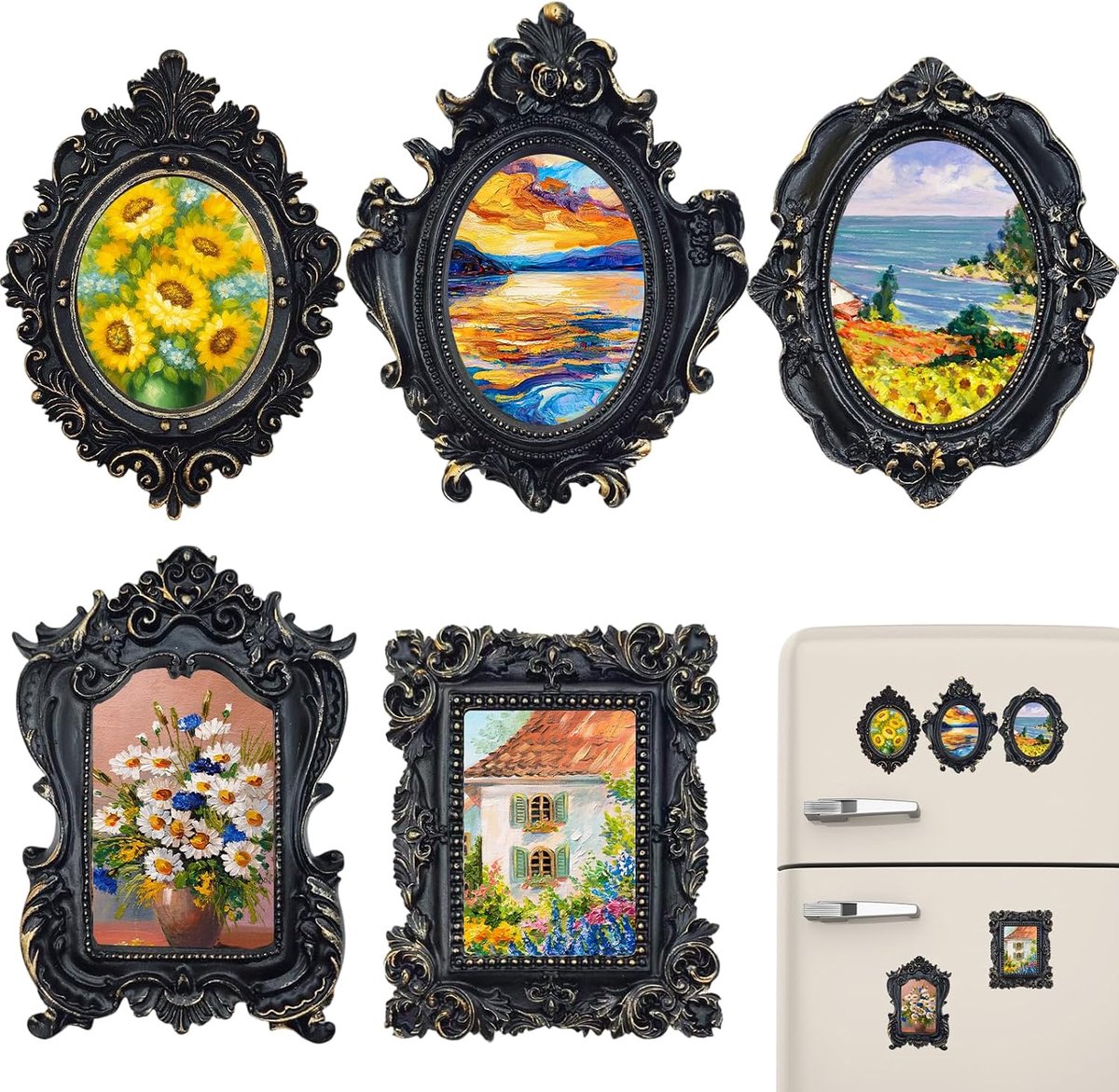 SnelShoppen - Set van 5 Kleine Fotolijsten Vintage Magneet Fotolijsten in Zwart Goud voor Koelkast en Wanddecoratie, Mini Fotolijsten voor Kantoor en