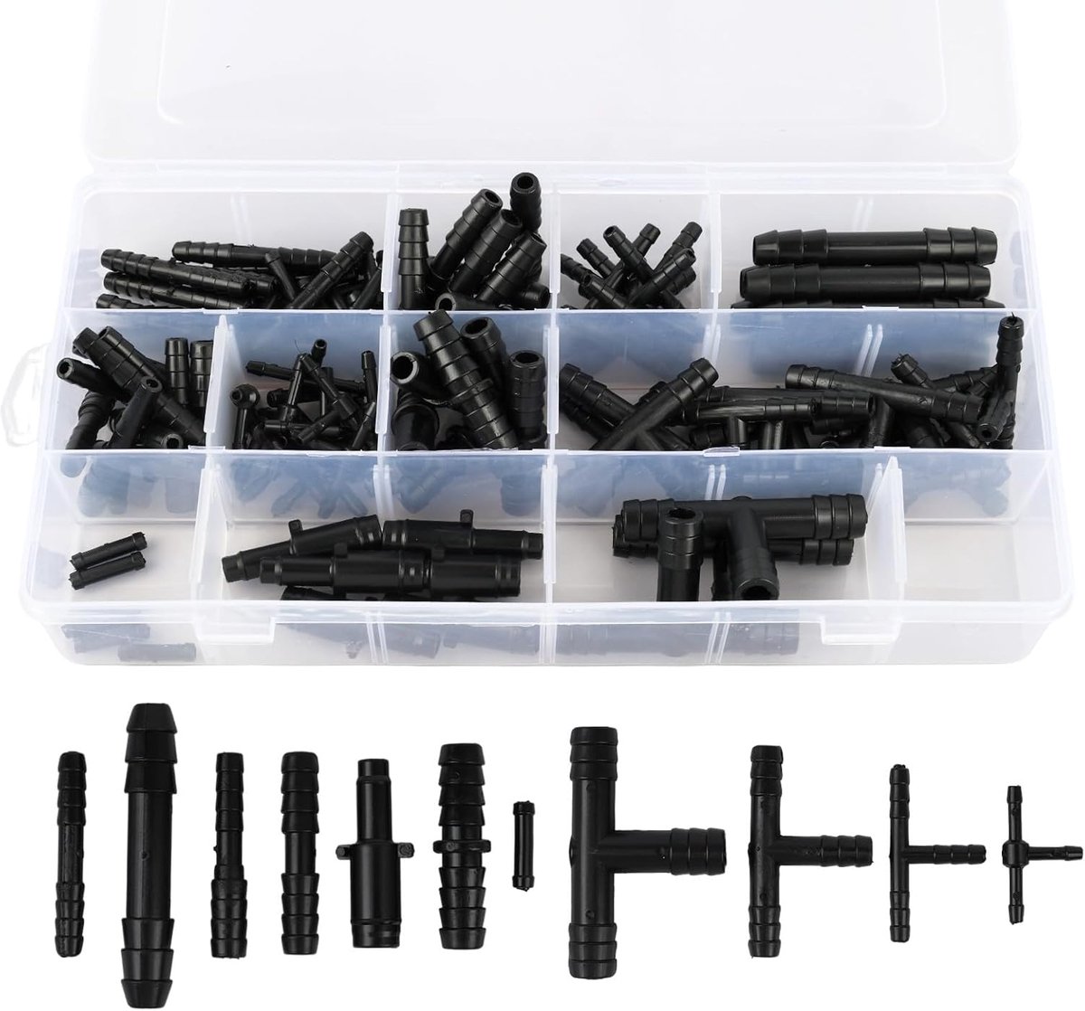 SnelShoppen - 113-delige Slangconnector Set - Universele T-Slang, Compleet voor Irrigatiesystemen, 12 Verschillende Maten, Zwart, Hoogwaardige Fibergl