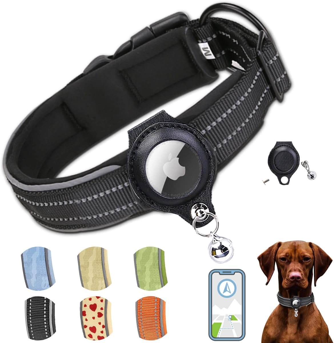 SnelShoppen - Hondhalsband met Geïntegreerde Apple AirTag, GPS Halsband voor Kleine, Middelgrote en Grote Honden, Verstelbare Neopreen Nylon Reflecter