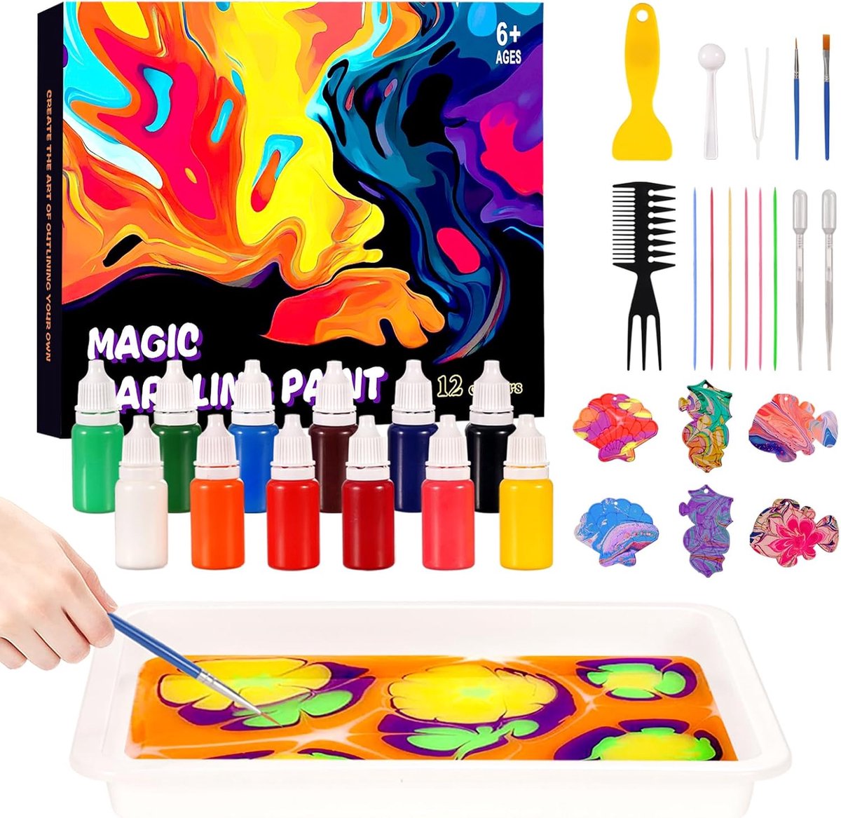 SnelShoppen - Water Marbling Paint Kit voor Kinderen - Creatieve Knutselset voor Jongens en Meisjes van 6-12 Jaar - 12 Kleuren Marmerinkt, A5 Papier,