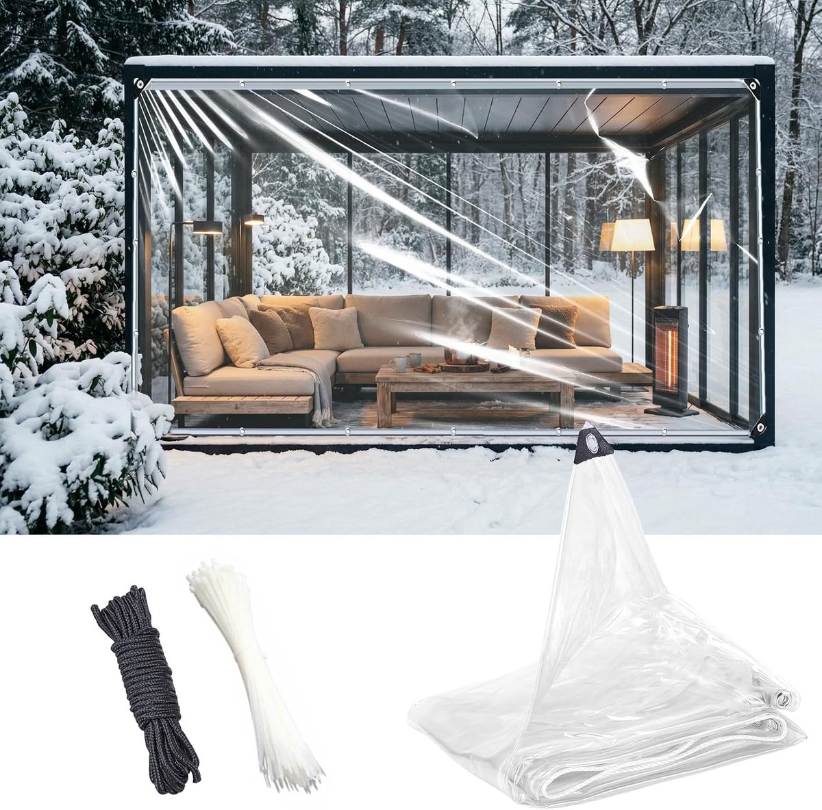 6,6 × 9,8 ft/2 × 3 m Duurzame, waterdichte planen, verdikte, scheurvaste PVC-vinyl-plane, sneeuw- en winddichte kunststofplannen met ogen en versterkte randen voor terras en veranda