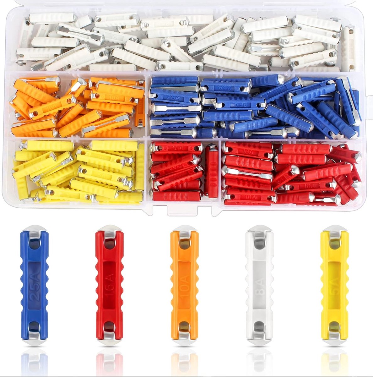 200 stuks Torpedo autozekering voor klassieke auto, motorfiets, torpedo-zekering voor auto met opbergdoos en continue autozekeringen (5 A/8 A/10 A/16 A/25 A)