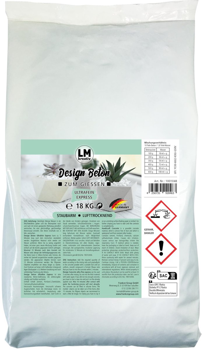 LM-Kreativ Design Beton Ultrafein Express - gietbeton - 18 kg - lichtgrijs - snelhardend en laag stof