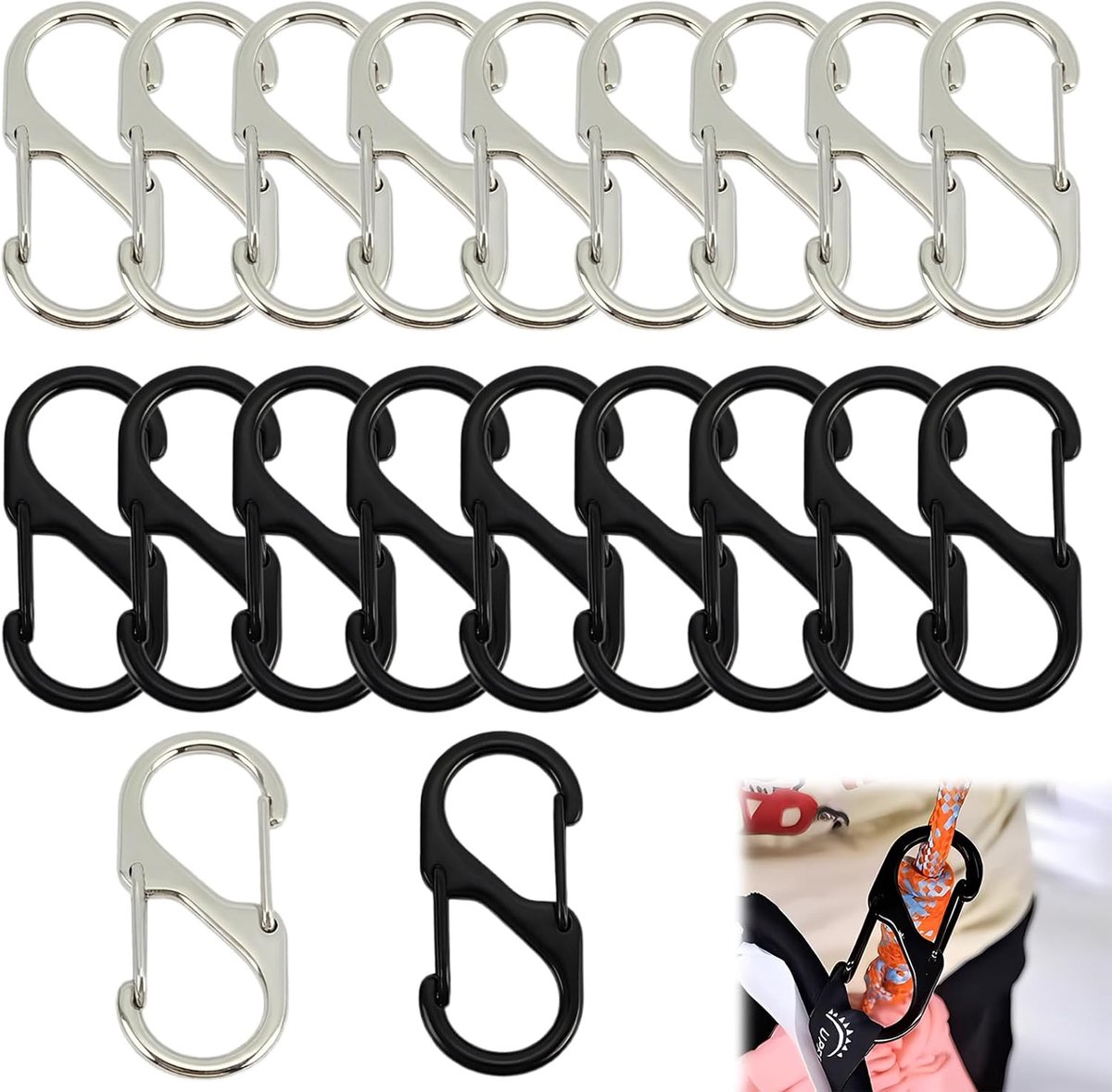 20 stuks mini-karabijnhaken in S-vorm, kleine karabijnhaak sleutelhanger, 32 mm, van metaal, karabijnhaak met dubbele clip voor kamperen, wandelen, rugzak en sleutelorganisatie, 10 zwart + 10
