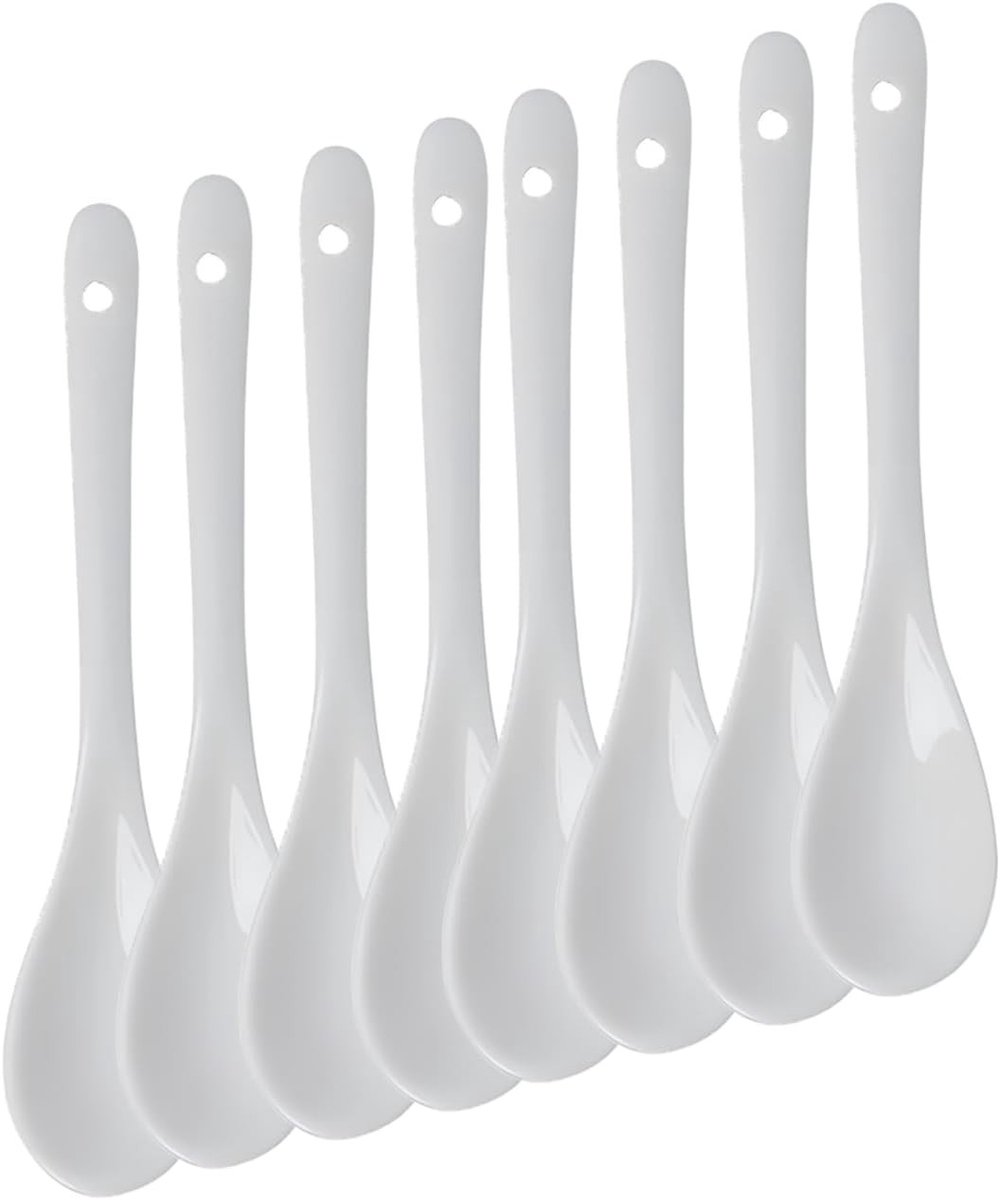 Set van 8 Witte Porseleinen Koffielepels, Mini Lepels voor Dessert en Thee, Ideaal voor Keukengebruik met Lange Handgreep